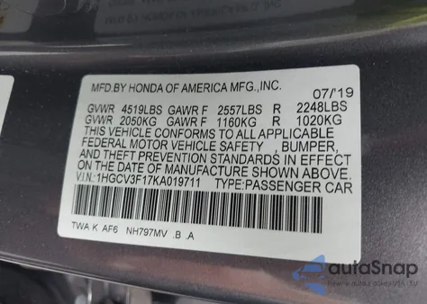 2019 Honda Accord Hybrid из США, поврежденный, VIN 1HGCV3F17KA019711